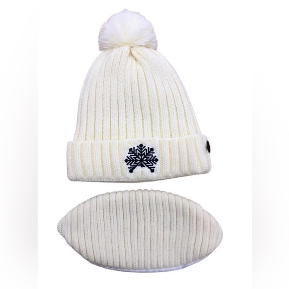 The Winter Brand Cream Knit Beanie & Mouth Cover with Snowflake Design